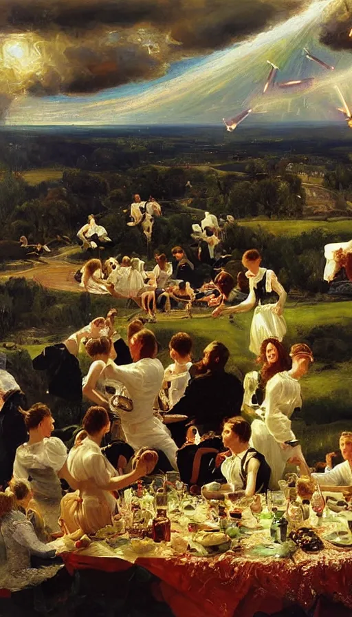 Prompt: still life painting of midsummer party getting attacked by UFOs, by Peder Krøyer, golden hour, dramatic lighting, epic, gargantuan, intricate detail, canvas print