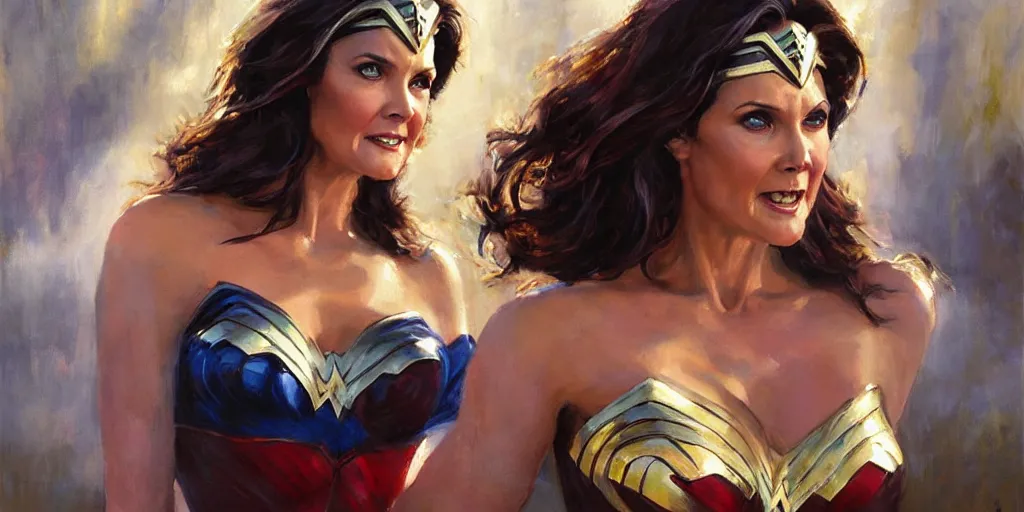 Prompt: portrait of Lynda Carter as Wonder Woman in the morning sun, Danile Gerhartz, oil painting