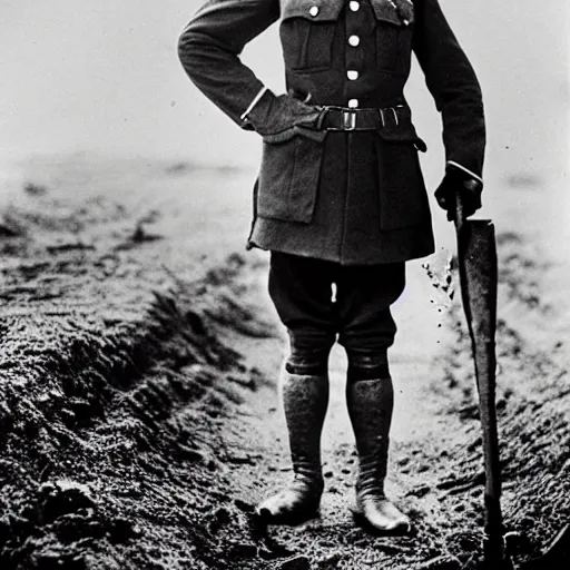 Prompt: a black and white photograph, portrait of a rabbit wearing ww1 uniform, standing in a muddy trench