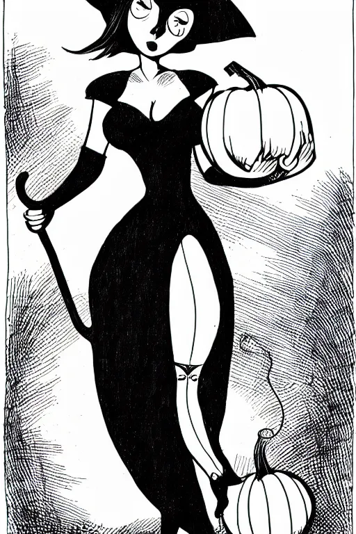 Image similar to black and white ink comic drawing of a beautiful curvy woman in short gothic skirt holding an umbrella next to a pumpkin by tim burton and edward gory