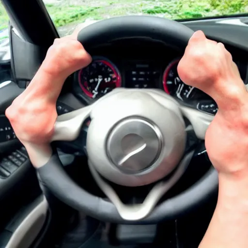 Image similar to extremely muscular and vascular hand gripping a steering wheel tightly, first person pov, detailed, 4 k