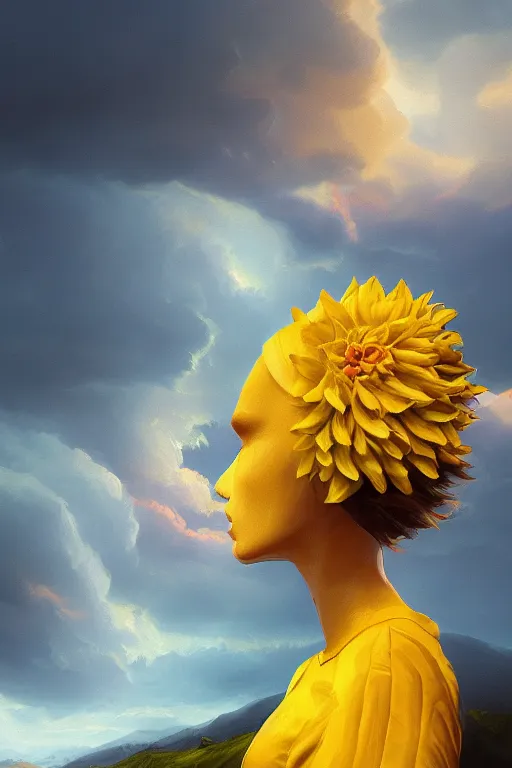 Image similar to closeup girl with giant yellow dahlia flower face, standing on mountain, surreal photography, blue storm clouds, dramatic light, impressionist painting, digital painting, artstation, simon stalenhag