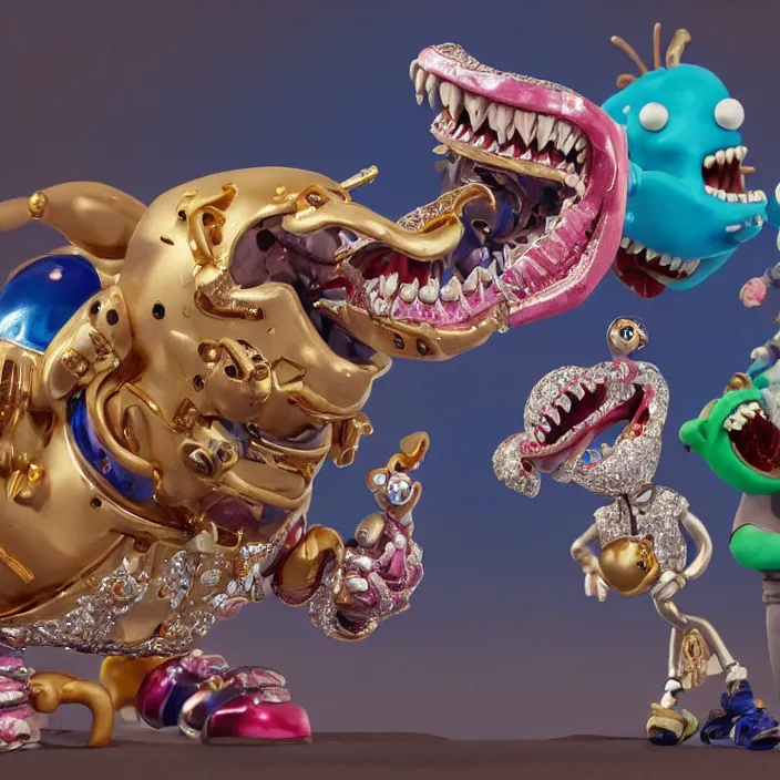 Image similar to jeff koons hip hop style street sharks wearing diamond grillz and a ton of bussdown iced gold bling in wallace & gromit claymation, ultra realistic, concept art, intricate details, serious, highly detailed, photorealistic, octane render, 8 k, unreal engine, art by todd mcfarlane and artgerm and greg rutkowski and alphonse mucha