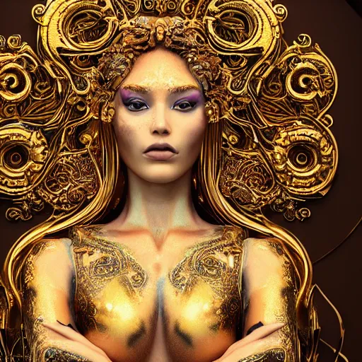 Image similar to psychadelic goddess made of golden marble, beautiful face, hyper detailed, flowing psychadelic background intricate and detailed, ornate 8 k gorgeous intricate detailed, octane render