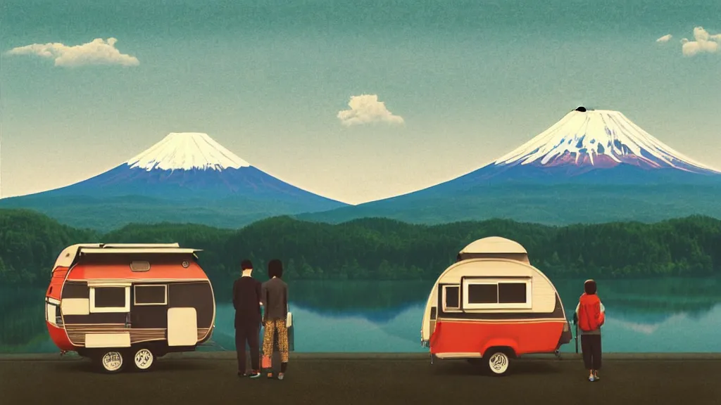 Image similar to an overlook scene of two travellers and their camper, at the edge of yamanaka lake reflecting mount fuji overcast sky, a collage painting, in the style of wes anderson, lola dupre, david hockney, isolated on negative white space background dark monochrome neon spraypaint accents volumetric octane render