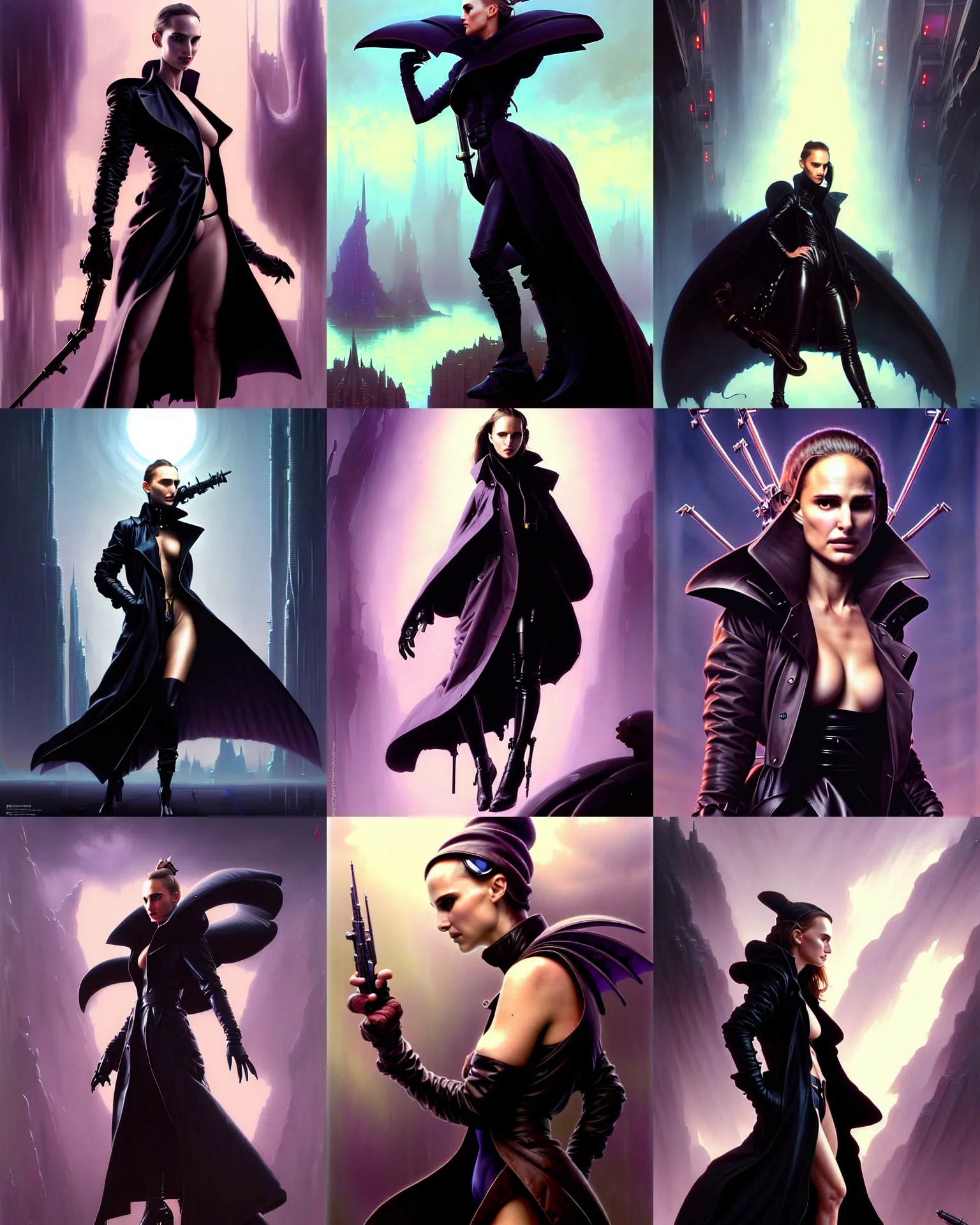 Image similar to beautiful fantasy character portrait, natalie portman, wearing oversized black trench coat, ultra realistic, wide angle, dramatic lighting, vultures, very seductive pose, cyberpunk artifacts, highly detailed by peter mohrbacher, hajime sorayama, wayne barlowe, boris vallejo, aaron horkey, gaston bussiere, craig mullins