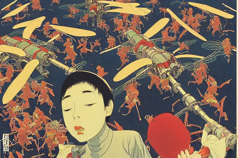 Image similar to gigantic dragonflies with human faces catch tiny robots, a lot of exotic mechas robots around, human heads everywhere, risograph by kawase hasui, dirtyrobot, edward hopper, satoshi kon and moebius, colorful flat surreal design, super - detailed, a lot of tiny details, fullshot
