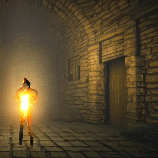 Prompt: a man holds a torch and explores a Dungeon, luminous,Screenshot from a videogame