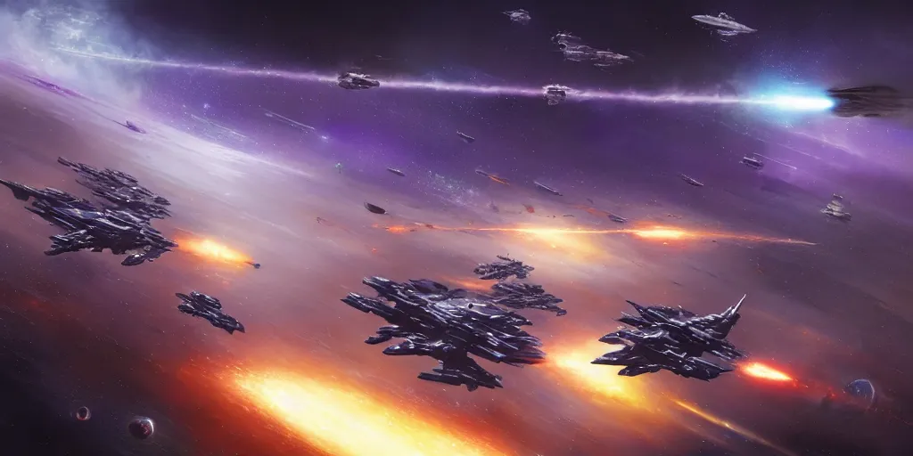 Prompt: A highly detailed Sci-Fi concept art matte oil painting set in space by Greg Rutkowski and Thomas Kinkade of an epic Space battle , Two massive capital ships firing at it each other ,while small fighter ships fly in formation ready to attack , deep space , dark and stars in the background , purple lazers, perspective , action shot .