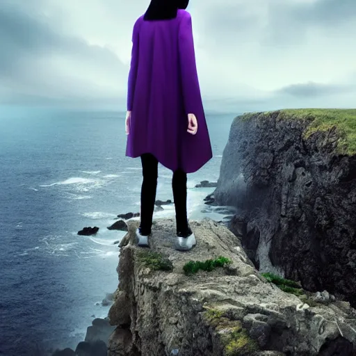 Prompt: 1 7 - year - old pale - skinned persian girl with black long bob cut, black gothic jacket, purple eyes, psychic girl, standing on cliff along the irish coast, overcast gray skies, anime, anime hd, octane render