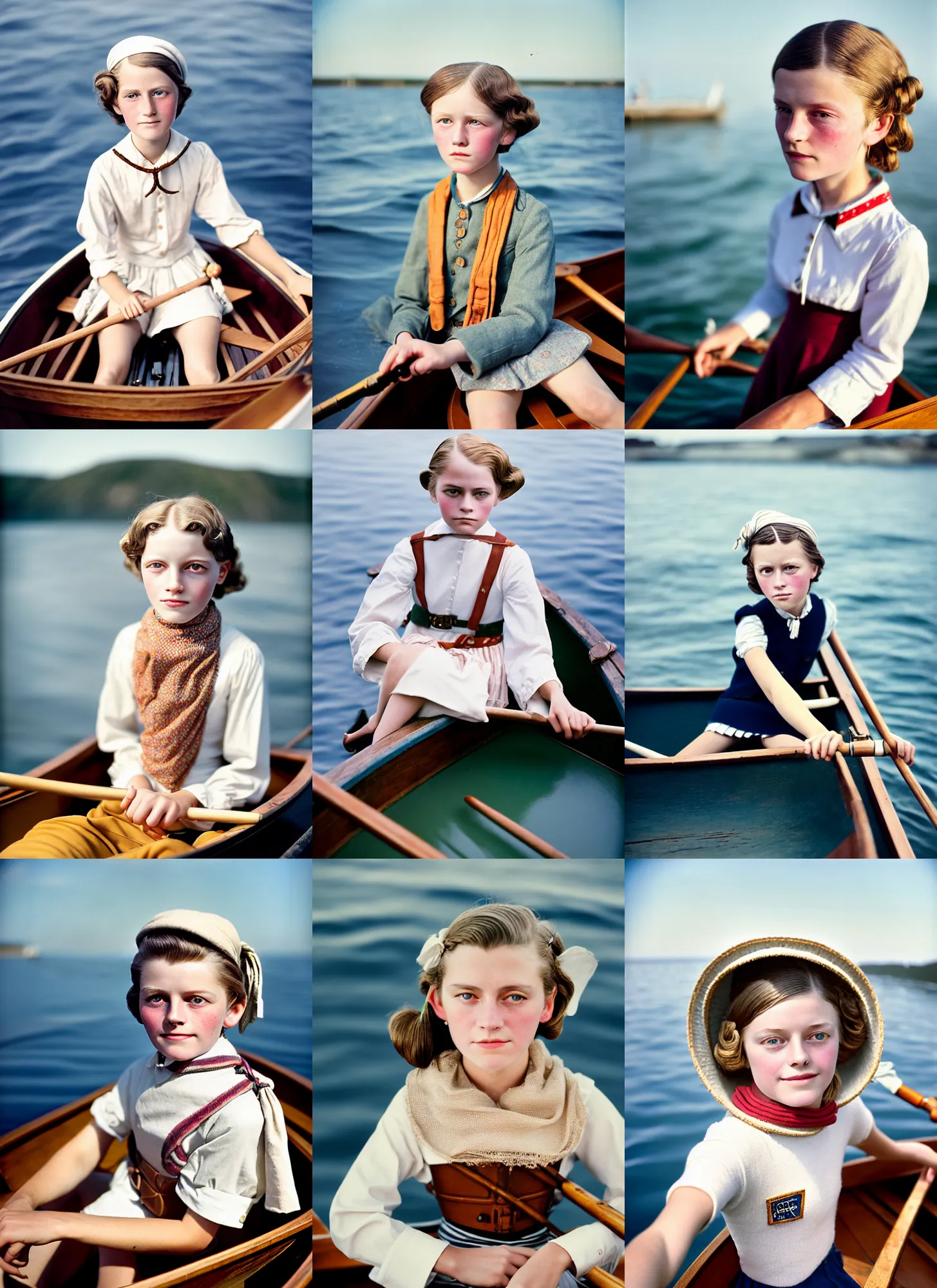 Prompt: kodak portra 4 0 0, 8 k, highly detailed, britt marling style, colour portrait of a handsome 8 year old sailor girl on a rowboat at the wild sea, muted colours, up face with 1 9 2 0 s hair style and cloth style, asymmetrical, hasselblad