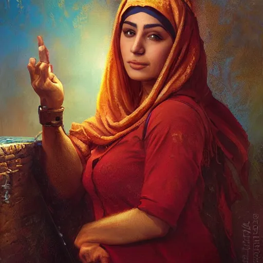 Image similar to portrait of an iraqi woman ( 3 5 ) from iraq in 2 0 2 1, an oil painting by ross tran and thomas kincade