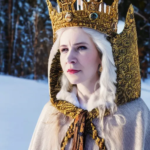 Prompt: photo of a real! beautiful nordic queen with ornate crown and cloak, telephoto lens