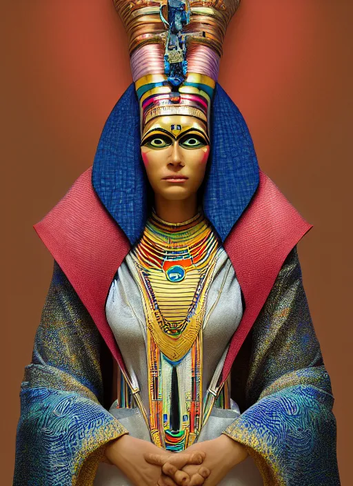 Image similar to an anthropomorphic beautiful female wizard of pharaoh holding a staff portrait wearing colourful robe, fine art, award winning, intricate, elegant, sharp focus, octane render, hyperrealistic, cinematic lighting, highly detailed, digital painting, 8 k concept art, art by jamie hewlett and z. w. gu, masterpiece, trending on artstation, 8 k