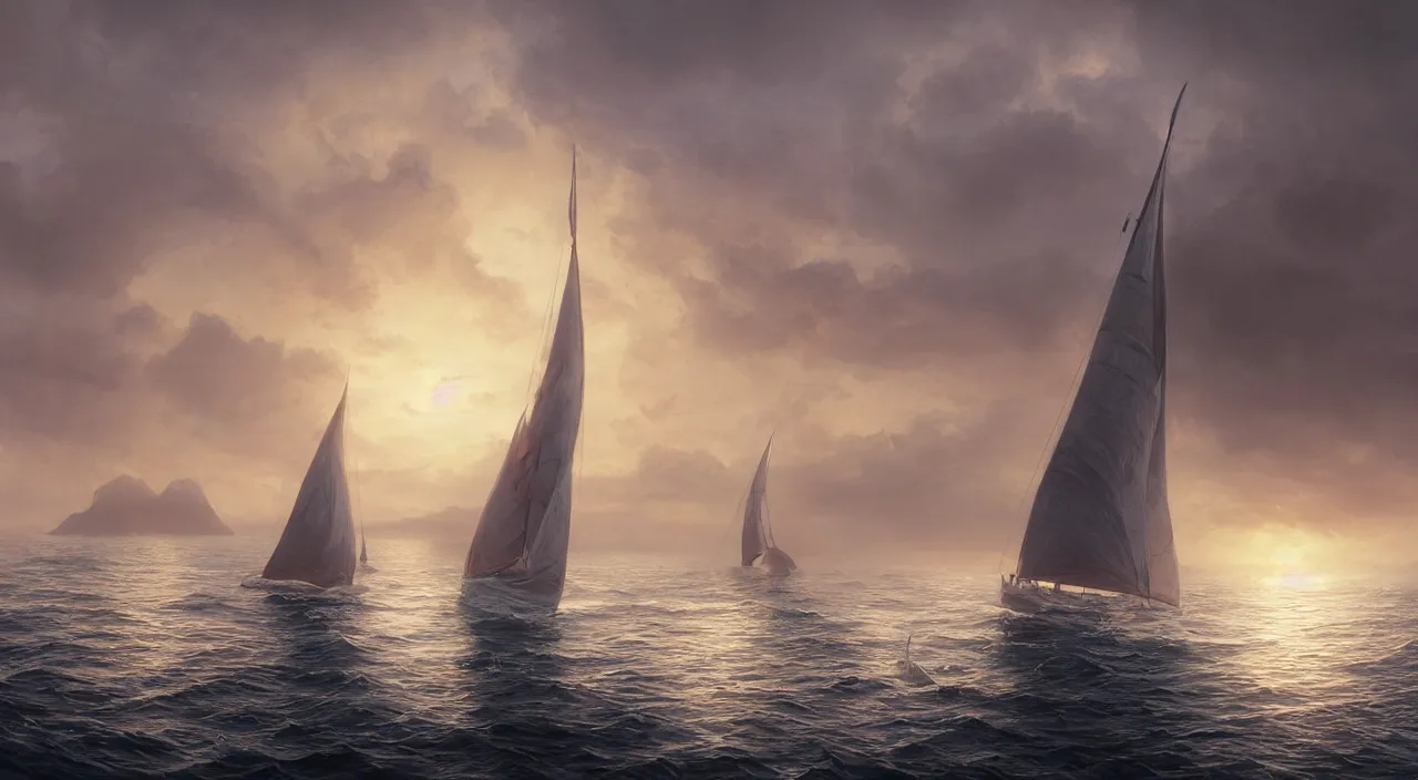 Image similar to hyper realistic detailed matte painting of sailing boat in the bay, calm foggy ocean, sunset lighting, hyperdetailed unreal engine 8 k ultra hd, stanley artgerm lau, rossdraws, james jean marc simonetti ruan jia and mandy jurgens and artgerm and william illustration, digital art, concept art