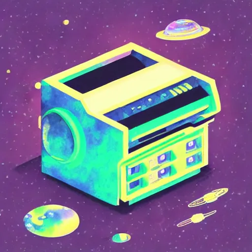 Image similar to an isometric watercolor illustration of an old printer in space, flat synthwave art style