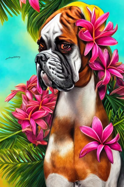 Prompt: ultra realistic illustration, portrait of a boxer plumeria tropical bouquet background, close up shot, fantasy, intricate, elegant, highly detailed, digital painting, artstation, concept art, smooth, sharp focus, illustration, surrealism