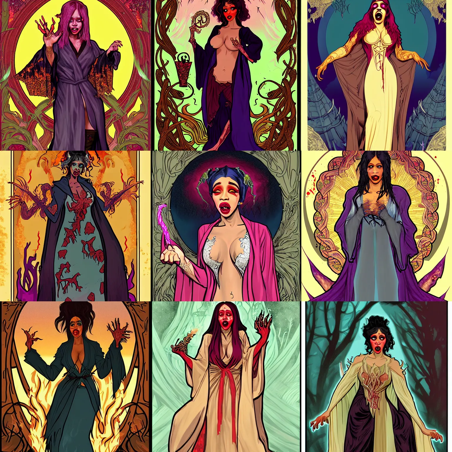 Prompt: zombie wizard cardi b casting a spell over a bonfire, inspired by plastination, beautiful face, wearing robes inspired by alphonse mucha. character art inspired by brom art