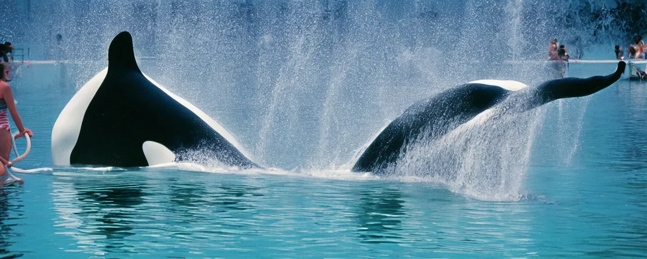 Image similar to shamu whale at sea world playing with spaghetti, water splashing,, small details, intricate, sharply focused, canon 5 0 mm, wes anderson film, kodachrome