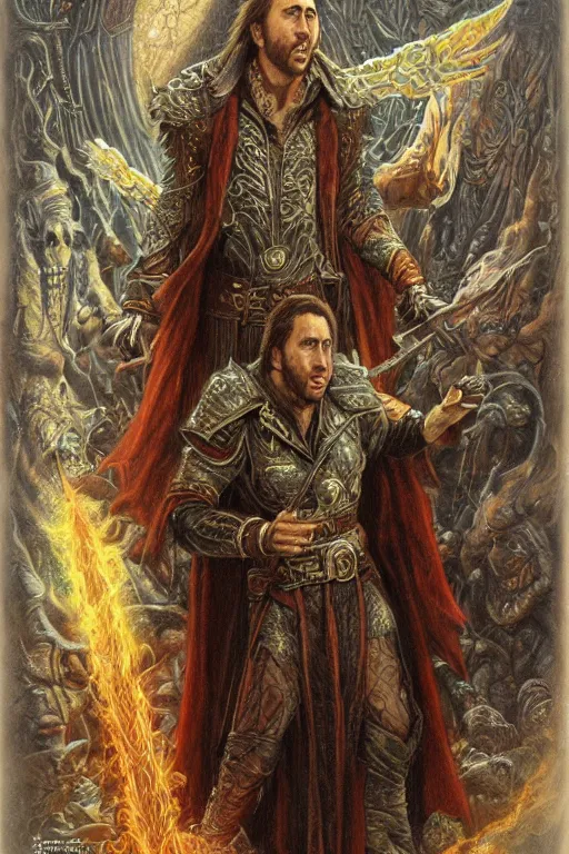 Image similar to portrait of Nicolas Cage as wizard, fantasy, intricate, highly detailed, illustration by ken kelly