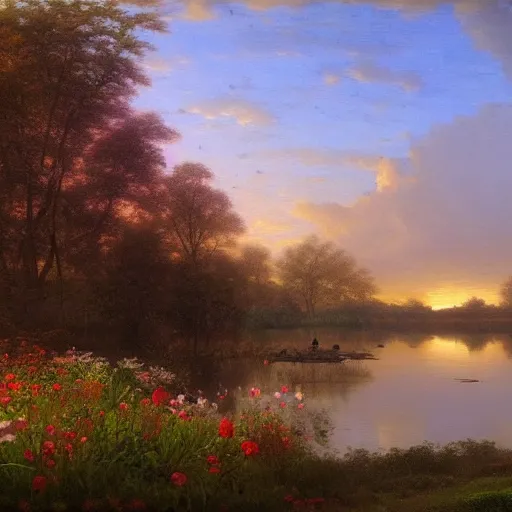 Prompt: a painting of a duck pond at sunset, surrounded by flower bushes, a detailed matte painting by Robert S. Duncanson, deviantart, hudson river school, terragen, trending on artstation