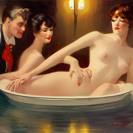 Image similar to three friends in a tub, art by wlop, edward mason eggleston, olivia, coby whitmore, rolf armstrong, wlop