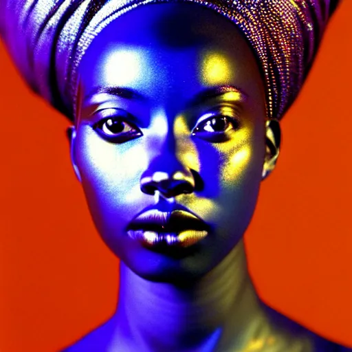 Prompt: portrait of metallic face, african woman, iridescent reflections, smooth, proud looking away, outdoor, blue sky, 8 k, realistic, depth of field, highly detailed, award winning photography, by richard mosse