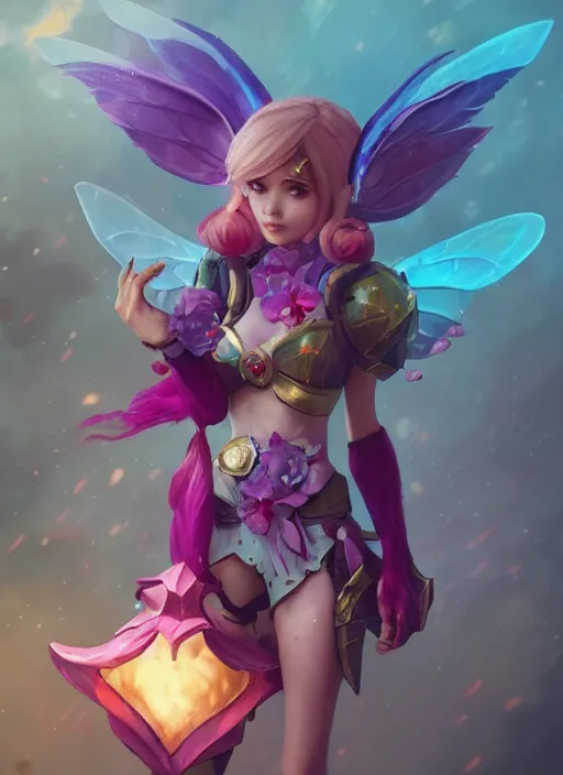 Image similar to poppy the fairy defender, from league of legends, au naturel, hyper detailed, digital art, trending in artstation, cinematic lighting, studio quality, smooth render, unreal engine 5 rendered, octane rendered, art style by klimt and nixeu and ian sprigger and wlop and krenz cushart