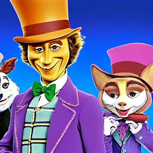 Image similar to willy wonka and the chocolate factory, animated in the style of zootopia