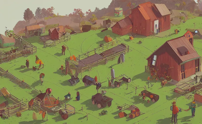 Image similar to people farming on a farm, small village, moebius, james gilleard, story book, gouache, print, game art