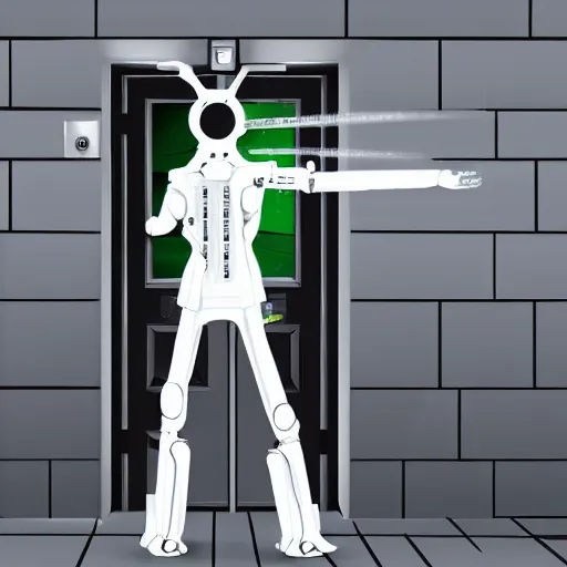 Image similar to an android wearing a white trench coat with 6 arms sticking out of each side, looking out of a doorway. four arms have lazer guns, one has a rifle, and one has a broken piece of a door. dramatic digital art.