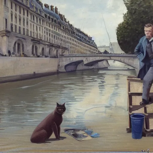 Prompt: Ewan mcgregor is painting a canvas at the river of Seine in Paris early 20th century. Next to him is a brown cat with yellow eyes