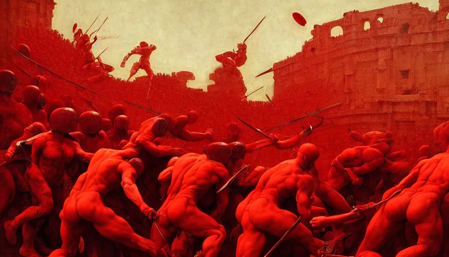 Image similar to only with red, bloody gladiator battle in a crowded roman amphitheatre, crowd cheering, in the style of beksinski and edward hopper and rodcenko and yue minjun and cory loftis, intricate and epic composition, red by caravaggio, highly detailed, masterpiece, red light, artstation, art nouveau
