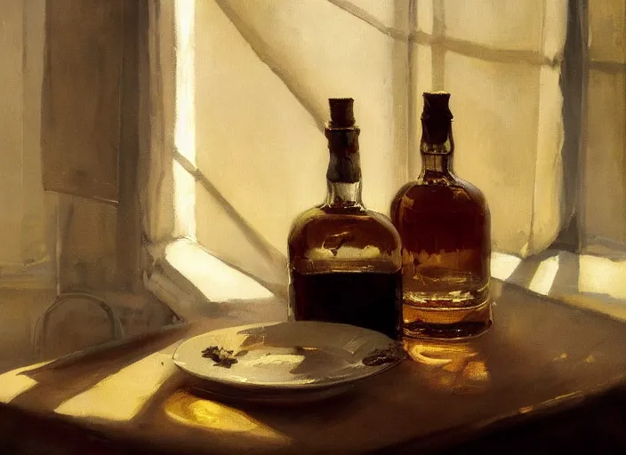 Image similar to oil painting of whiskey bottle, barley grain, art by anders zorn, wonderful masterpiece by greg rutkowski, beautiful cinematic light, backlit, window cast shadows, american romanticism by greg manchess, creation by tyler edlin, folds of fabric, tablecloth