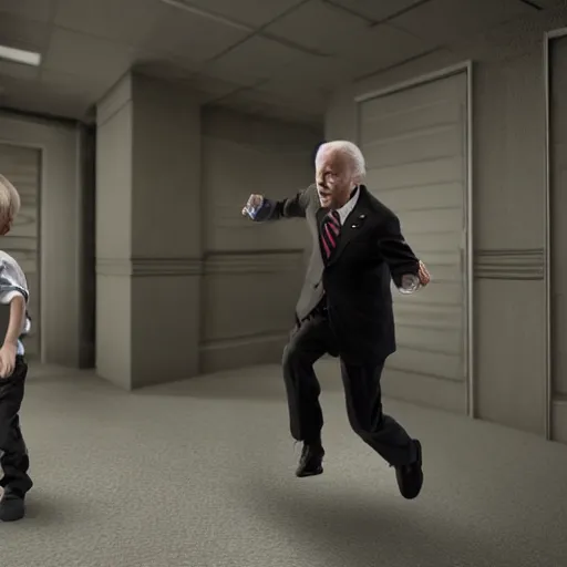 Image similar to joe biden chasing a child in the backrooms level 0, hyper - realistic, 4 k, octane - render, realistic.