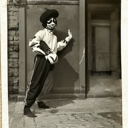 Image similar to a photo of a harlequin mime in madrid in the spanish civil war