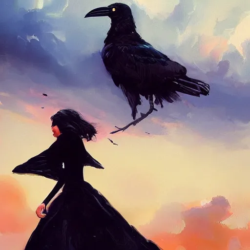 Image similar to morning, a woman in a black dress with a raven head. no face. sun, cinematic, clouds, vogue cover style, contracting colors mood, realistic painting, intricate oil painting, high detail, figurative art, poster art, by simon bisley, ismail inceoglu, wadim kashin, filip hodas. pixar theme.