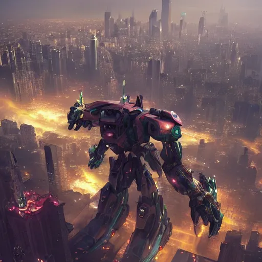 Image similar to a beautiful hyperrealistic ultradetailed 3D render of a gigantic mecha standing over the city, by brian sum and stephen martiniere and Antonio Manzanedo. mech, dragon, unreal engine, octane render, PBR, 3D, brilliantly colored, intricate, wide angle, volumetric lighting, polished, path tracing