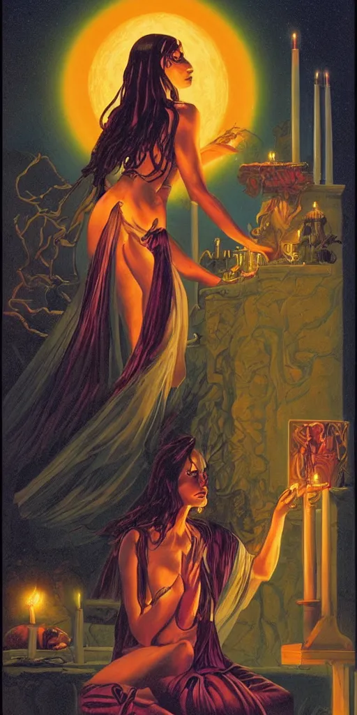 Prompt: beautiful occult woman performing a ritual at an altar in the style of greg hildebrandt, tarot, moonlight, obsidian slime
