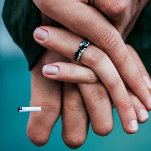 Image similar to normal man's hand with five fingers and a ring and a cigarette between the fingers