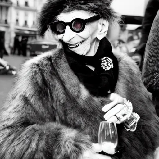 Prompt: a french snail drinking red wine in paris by iris apfel