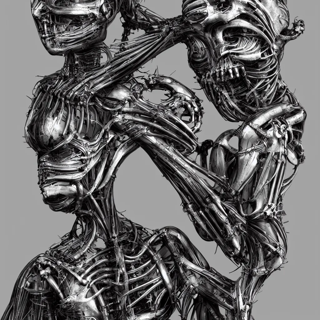 Image similar to a beautiful female is infected with a biomechanical suit, octane render, hyper realistic, art by hr giger, full profile, multiple angles