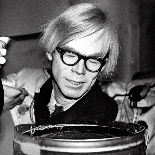 Prompt: Andy Warhol climbing out of a soup can