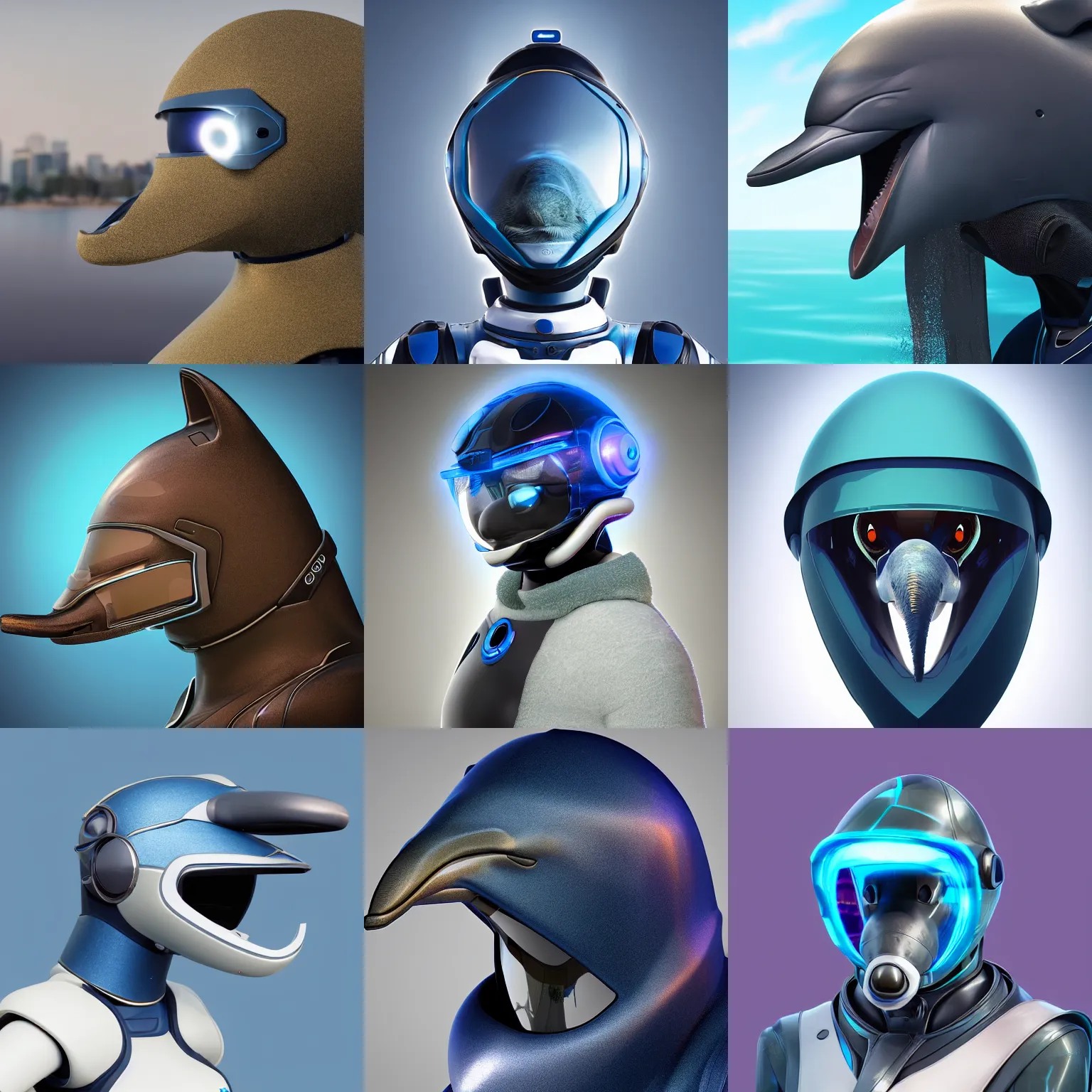 Prompt: very very beautiful furry art, bust profile picture of a robotic anthro bottlenose dolphin, face covered by opaque visor, truncated snout under visor, round shapes, all dark blue metal, commission on furaffinity, cgsociety, octane render, sea in background