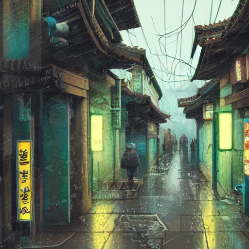 Image similar to cyberpunk ancient korean street, rainy day, digtal art