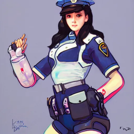 Image similar to D.VA from Overwatch wearing a police uniform by Kim Jung Gi, holding handcuffs in one hand Blizzard Concept Art Studio Ghibli. oil paint. 4k. by brom.