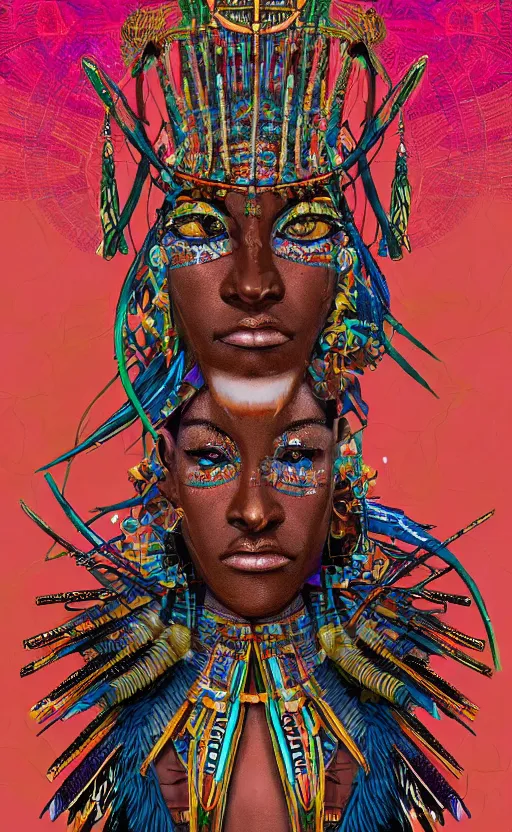 Image similar to upper half portrait of retro futuristic african tribal chief - embellished with vegetation and iridescent crystals, art by katsuhiro otomo, highly detailed, digital painting, concept art, illustration, smooth sharp focus, intricate, symmetry, artstation, colourful,