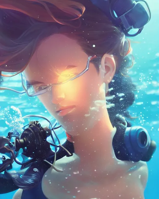 Image similar to a girl scuba diving in an ocean full of sea life, full shot, atmospheric lighting, detailed face, by makoto shinkai, stanley artgerm lau, wlop, rossdraws