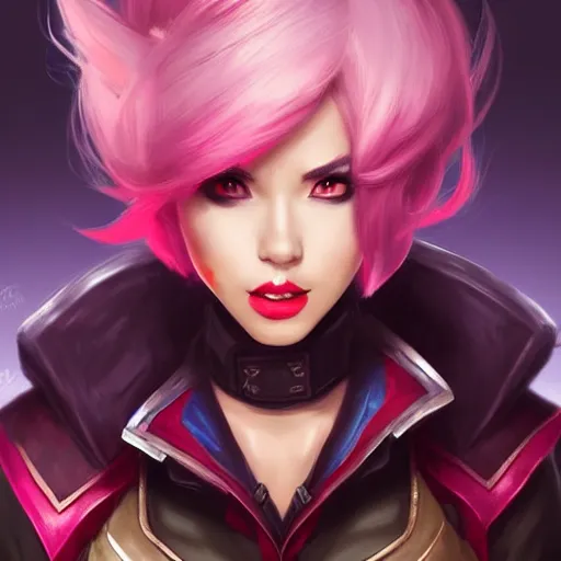 Image similar to portrait of Vi from League of Legends, by Fortiche Studio, from Netflix's Arcane, trending on artstation,fine details, angry look, realistic shaded, fine-face, Steampunk city on the background, red hair, award winning, painted texture, pretty face,by Artgerm