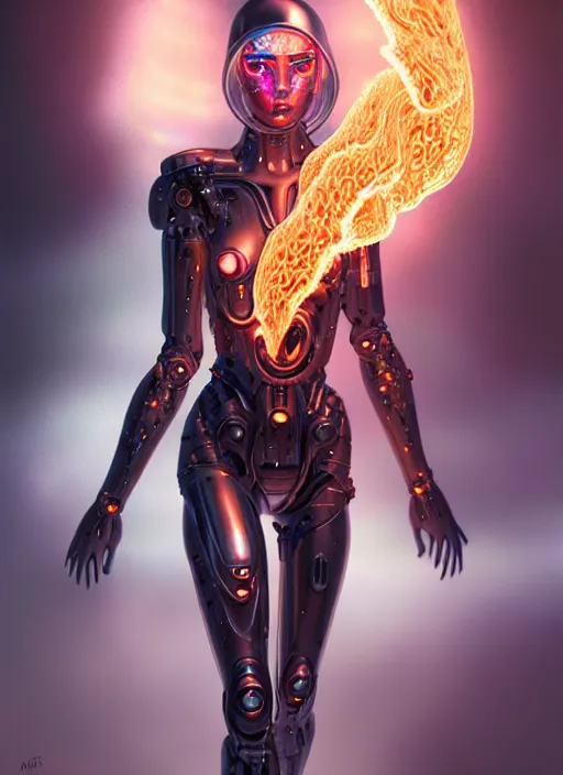 Image similar to translucent iridescent cyborg with flaming eyes, veiled in mist, full body, heroic lighting, dark fantasy, intricate, elegant, highly detailed, lifelike, photorealistic, digital painting, artstation, illustration, concept art, smooth, sharp focus, art by John Collier and Albert Aublet and Krenz Cushart and Artem Demura and Alphonse Mucha